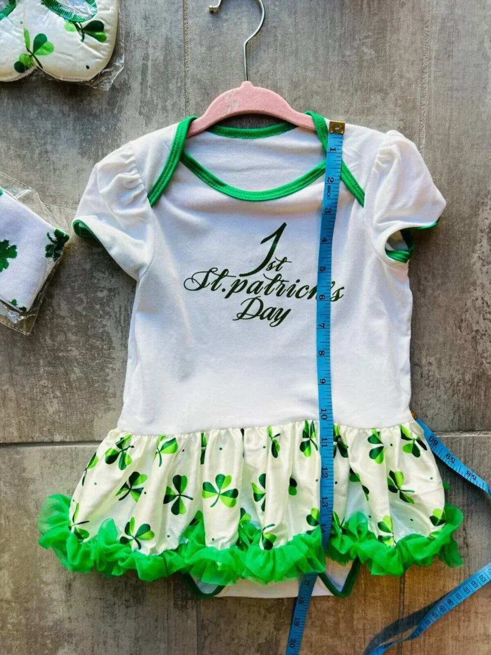 1st St. Patrick's Day Outfit Baby Girl Set Dress Crib Shoes Leg Warmers NEW 12m